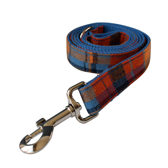 Luxury Orange and Blue Plaid Dog Collar and Leash