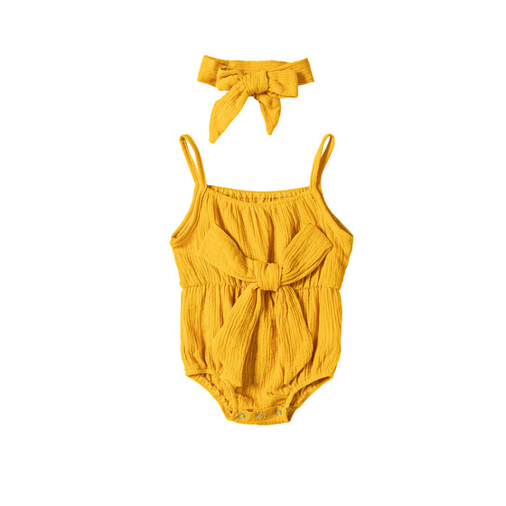 Solid Color Baby Girl Romper with Bow Headband