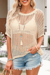 White Fishnet Knit Ribbed Round Neck Short Sleeve Tee | Available in 3 Colors