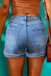 Light Blue Casual Ripped Rolled Hem Denim Shorts