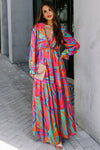 Pastel Red Floral Print Ruffle Trim Plunge Neckline Maxi Dress