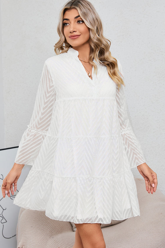 White Chevron Textured Notch Neck Mesh Tiered Dress