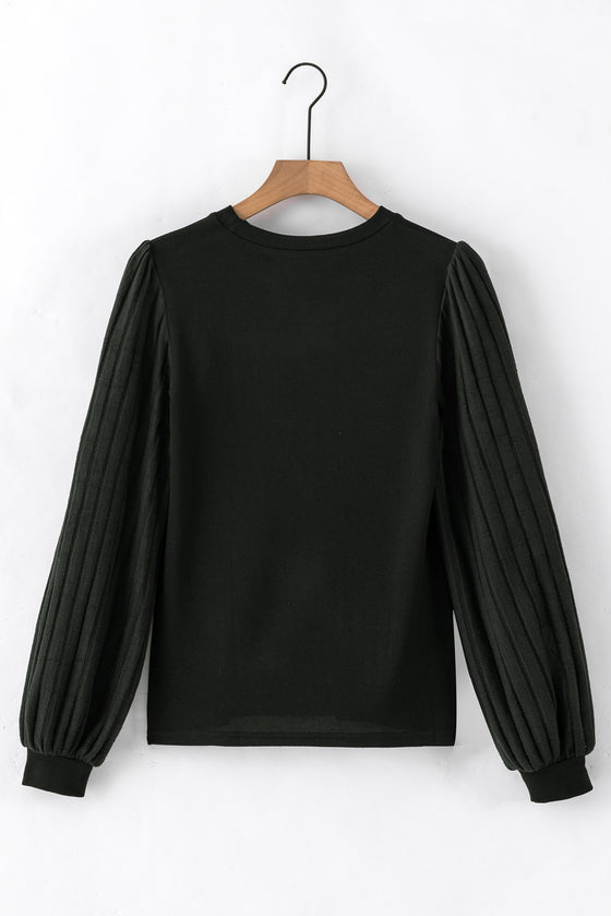 Black Contrast Ribbed Bishop Sleeve Top | Available in 3 Colors