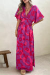 Rose Abstract Floral Print V Neck Split Maxi Dress