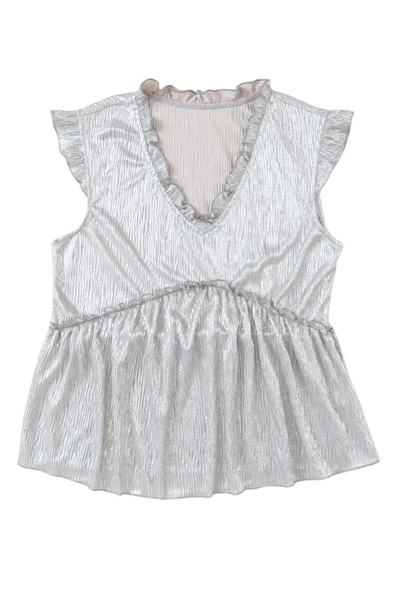 Khaki Frilled V Neck Metallic Crinkle Sleeveless Blouse