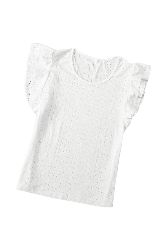 White Eyelet Textured Ruffle Short Sleeve Blouse | Available in Black