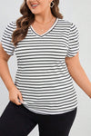 White Stripe V Neck Plus Size T-Shirt