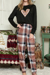 Black Plain Heart Print Top & Plaid Pants Loungewear Set