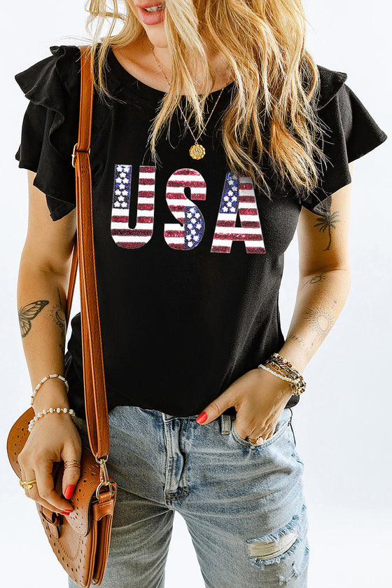 Black Sequined USA Graphic T-Shirt