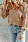 Pink Lace Waffle Knit Crisscross Straps V Neck Long Sleeve Top |Available in 2 Colors