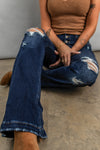 Dark Blue Distressed Flare Bootcut Jeans