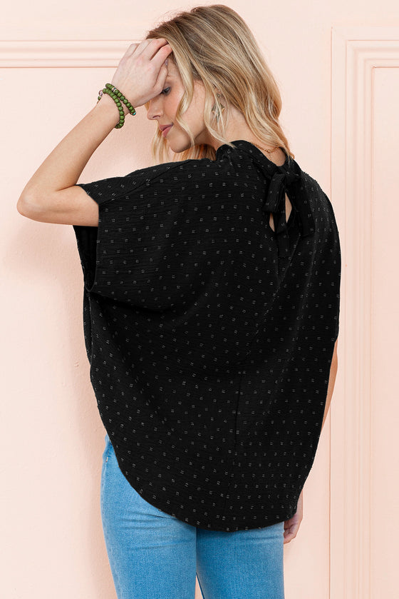 Black Swiss Dot High Neck Batwing Sleeve Blouse