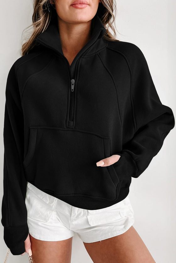 Brown Zip Up Stand Collar Thumbhole Sleeve Sweatshirt | Available in 4 Colors