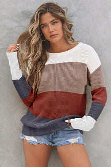  Red Color Block Casual Knit Pullover Sweater