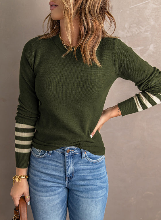 Green Casual Crew Neck Striped Sleeve Knit Sweater | Additional Colors Variants