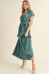 Green Wrap V Neck Belted Pleated Maxi Dress