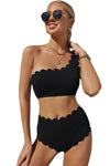 Black Scalloped Trim Asymmetrical Neck High Waist Bikini