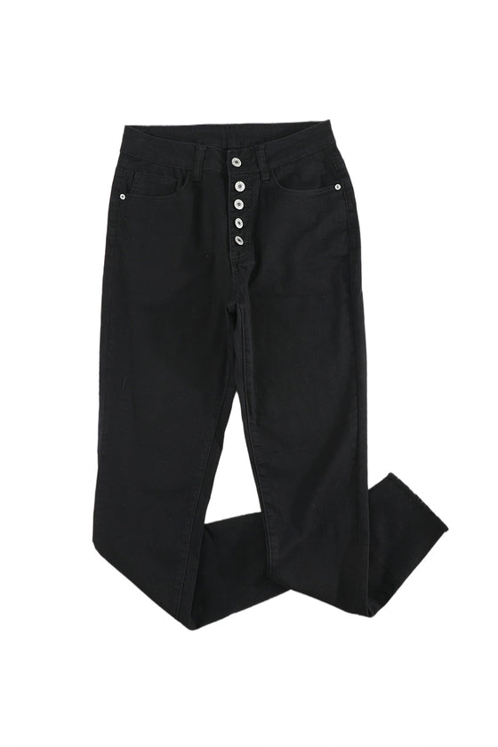 Black Buttons Frayed Cropped High Waisted Jeans | Additional Color Options