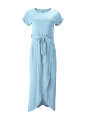 Long Tie-belted T-shirt Dress with Slit