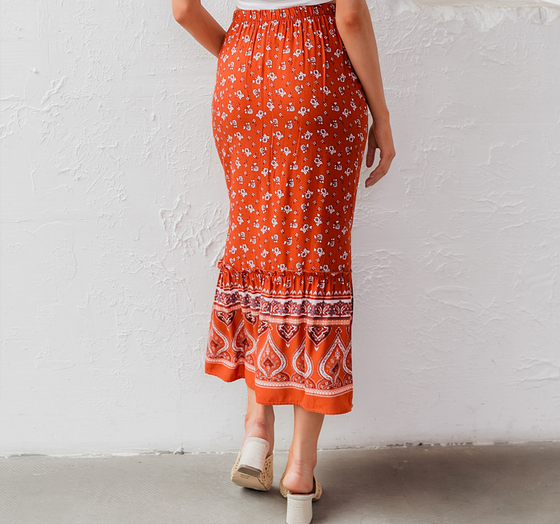 Women's Long Orange Patterned Skirt