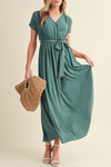 Green Wrap V Neck Belted Pleated Maxi Dress