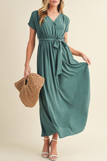  Green Wrap V Neck Belted Pleated Maxi Dress