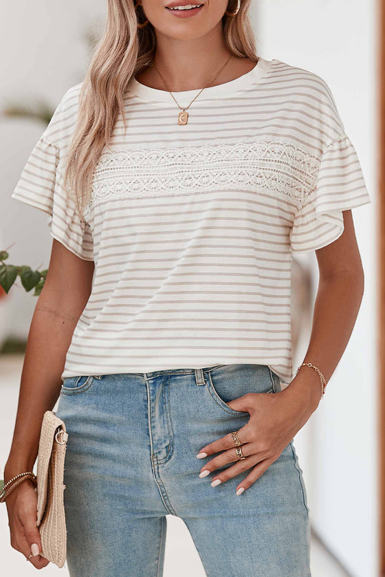 Apricot Striped Lace Splicing Ruffle Sleeve T-shirt | Available in 2 Colors