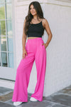 Pink Elastic High Waisted Wide Leg Sweatpants with Pockets