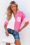 Hot Pink Color Block Short Sleeve Polo Blouse