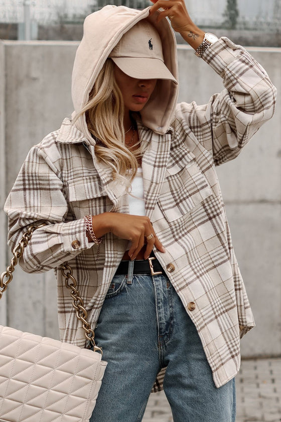 Khaki Plaid Removable Hooded Button Up Jacket