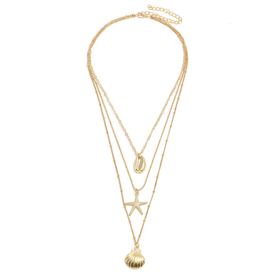 Shell, Starfish, and Scallop Multi-layered Pendent Necklace For Women in Gold Finish