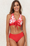 Fiery Red 3pcs Flower Printed Crossed Top and A Line Skirt Bikini Set