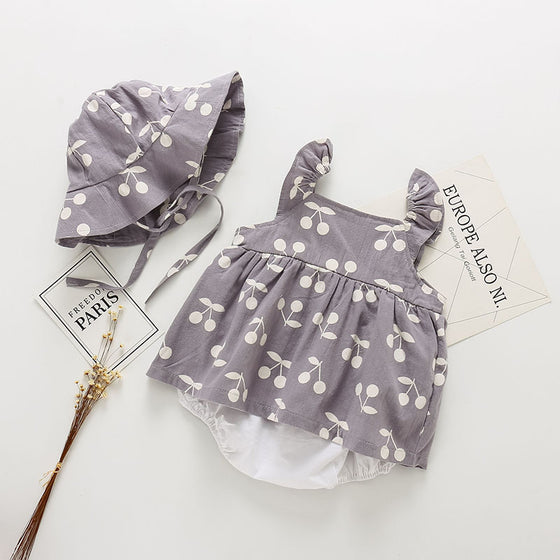 Infant Baby Girl Dress and Hat in Cherry Pattern | Available in Pink or Gray