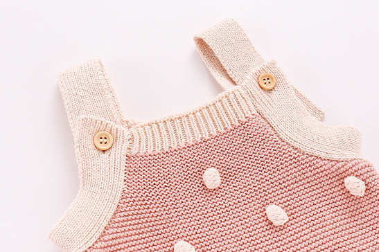 Pink Knitted Baby Sweater Romper with Pom Pom and Button Detail