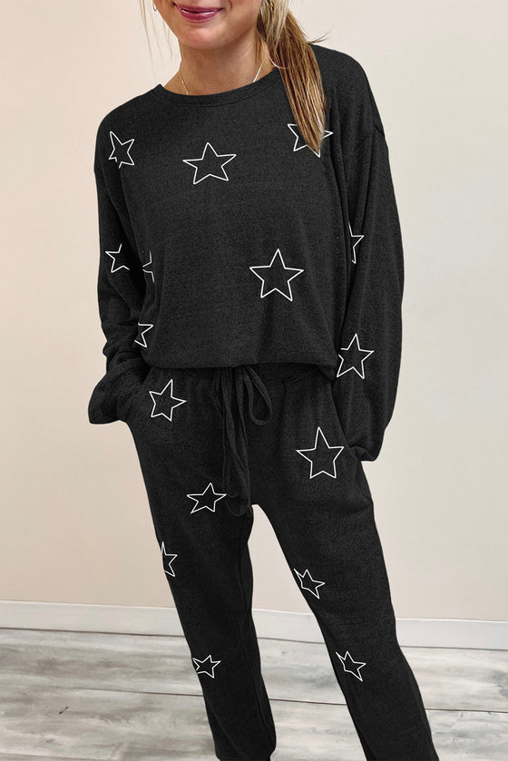 Black Stars Print Long Sleeve Top and Drawstring Pants Set | Available in Gray