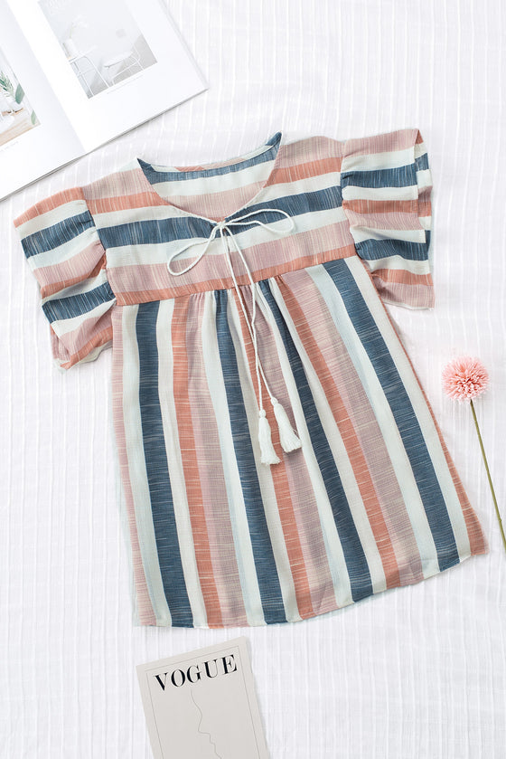 Pink and Blue Stripes V Neck Blouse