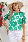 Green 60s Floral Print Puff Sleeve Frill Neckline Blouse