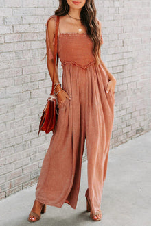  Orange Spaghetti Strap Shirred Wide Leg Jumpsuit