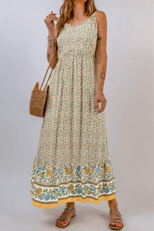  Apricot Floral Print Frill Detail Boho Maxi Dress