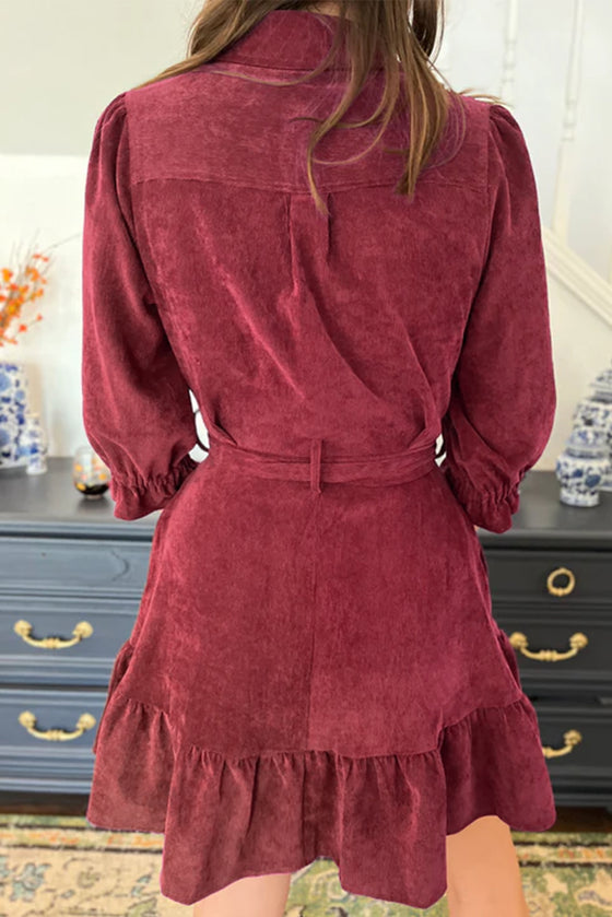 Ruby Corduroy Belted Ruffle Hem Mini Dress