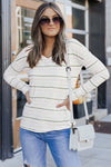 White Striped V Neck Long Sleeve Shirt