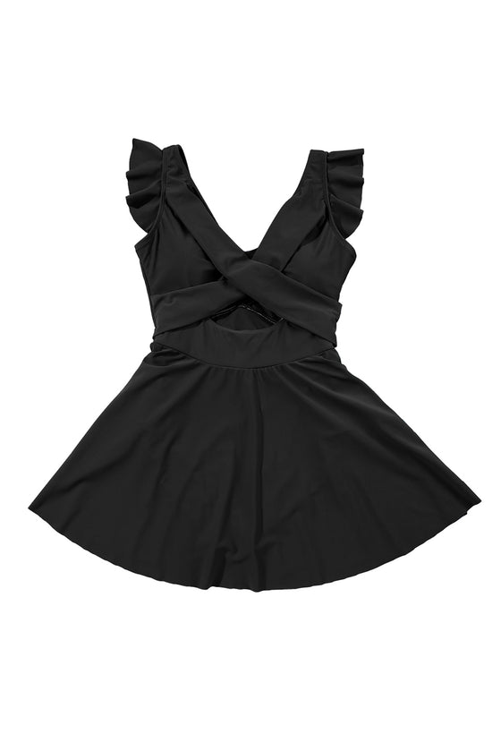 Black Cut Out Ruffle Crossed One Piece Swim Dress | Available in 2 Colors