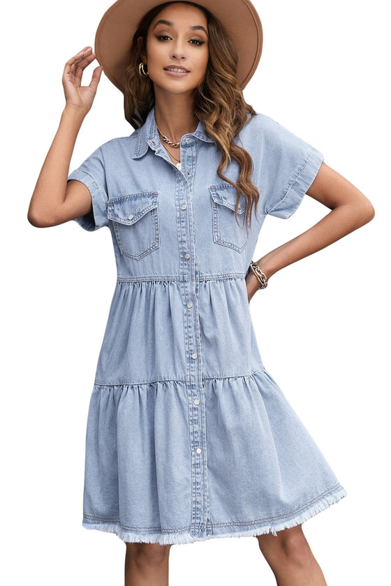 Blue Button Up Short Sleeve Denim Shirt Dress