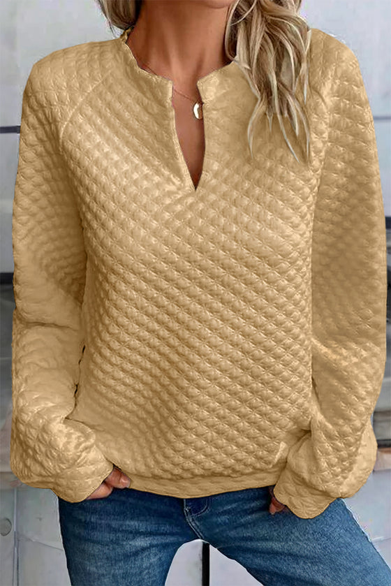 White Quilted V-Neck Solid Color Long Sleeve Top | Available in 4 Colors