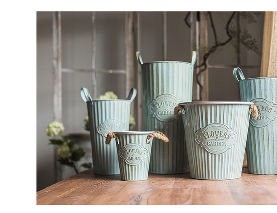 Vintage Light Blue Tin Flower Bucket