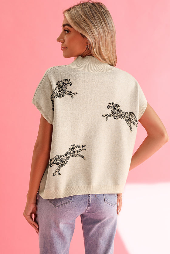 Beige Cheetah Pattern Short Sleeve Sweater | Available in Black