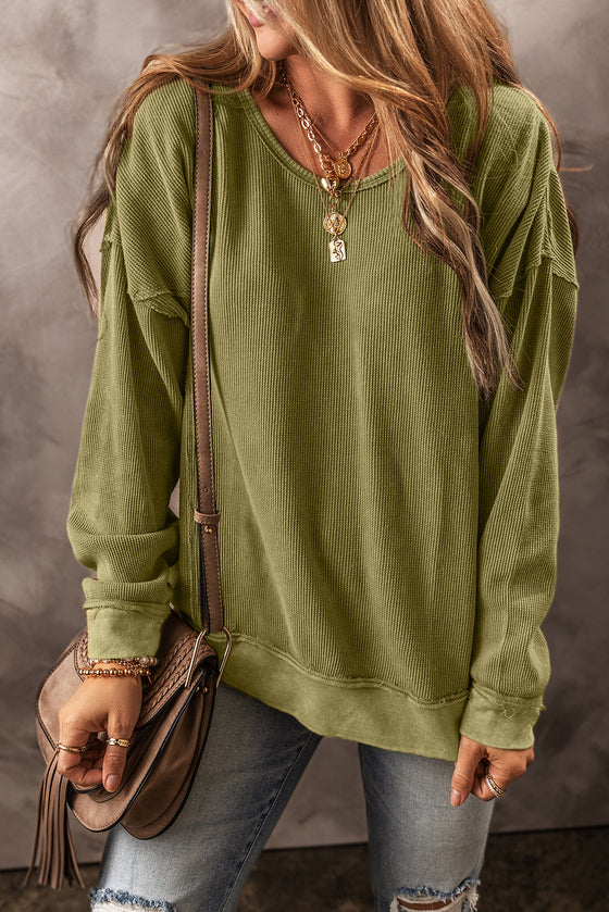 Green Waffle Textured Exposed Seamed Drop Sleeve Sweatshirt