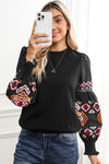 Black Geometric Lantern Sleeve Round Neck Blouse