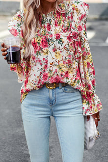  White Floral Ruffle Trim Long Sleeve Blouse