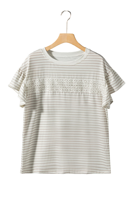 Apricot Striped Lace Splicing Ruffle Sleeve T-shirt | Available in 2 Colors